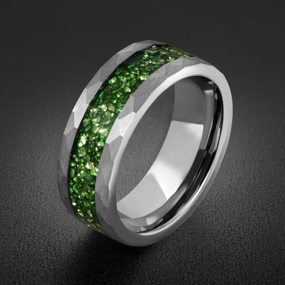 Emerald ring, hammered silver tungsten ring, mens wedding band, womens wedding ring, anniversary gift, comfort fit, 4mm ring,