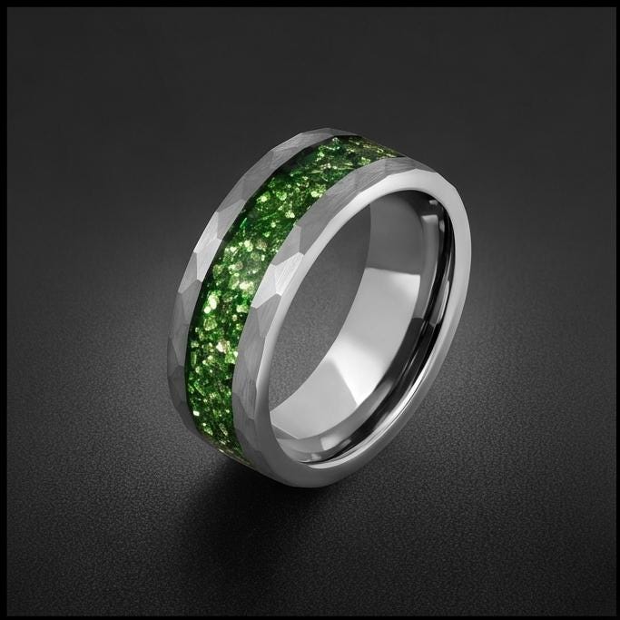 Emerald ring, hammered silver tungsten ring, mens wedding band, womens wedding ring, anniversary gift, comfort fit, 4mm ring,