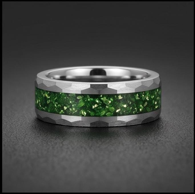 Emerald ring, hammered silver tungsten ring, mens wedding band, womens wedding ring, anniversary gift, comfort fit, 4mm ring,