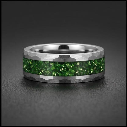 Emerald ring, hammered silver tungsten ring, mens wedding band, womens wedding ring, anniversary gift, comfort fit, 4mm ring,