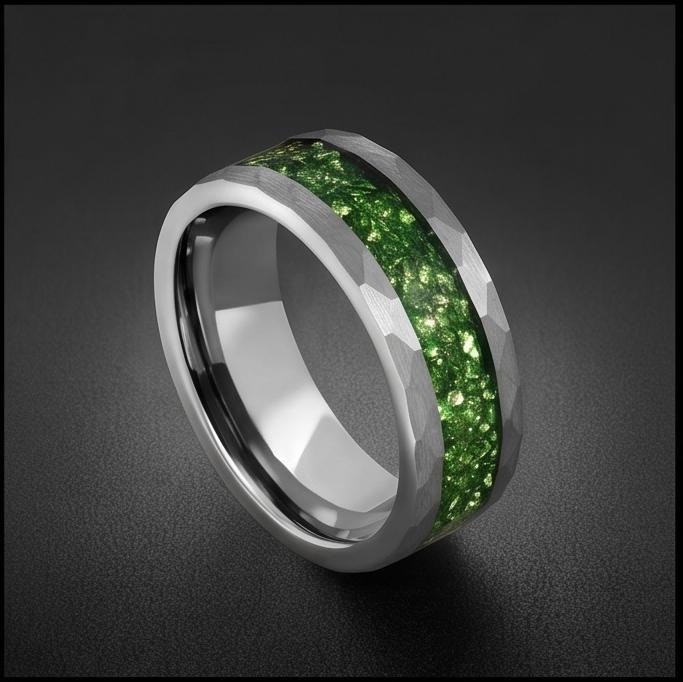 Emerald ring, hammered silver tungsten ring, mens wedding band, womens wedding ring, anniversary gift, comfort fit, 4mm ring,