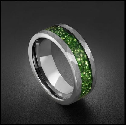 Emerald ring, hammered silver tungsten ring, mens wedding band, womens wedding ring, anniversary gift, comfort fit, 4mm ring,