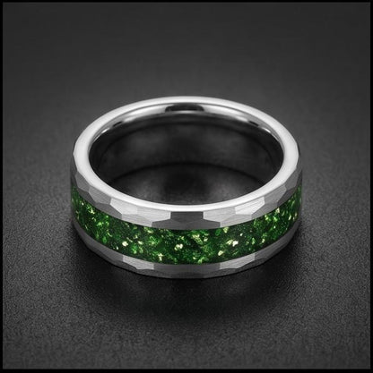 Emerald ring, hammered silver tungsten ring, mens wedding band, womens wedding ring, anniversary gift, comfort fit, 4mm ring,