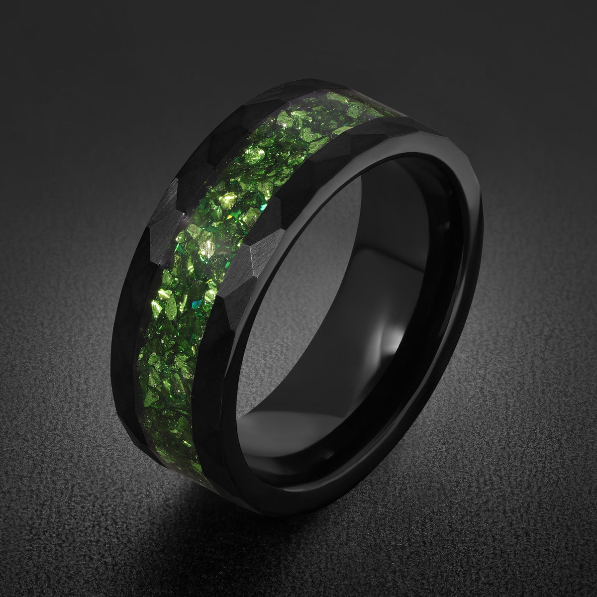 Emerald Ring, Hammered Black Tungsten Ring, Mens Wedding Band, Womens Wedding Ring, Anniversary Gift, Comfort Fit, 4mm, 8mm R