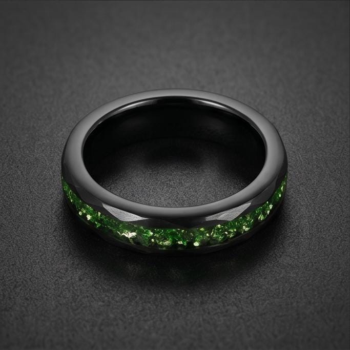 Emerald Ring, Hammered Black Tungsten Ring, Mens Wedding Band, Womens Wedding Ring, Anniversary Gift, Comfort Fit, 4mm, 8mm R