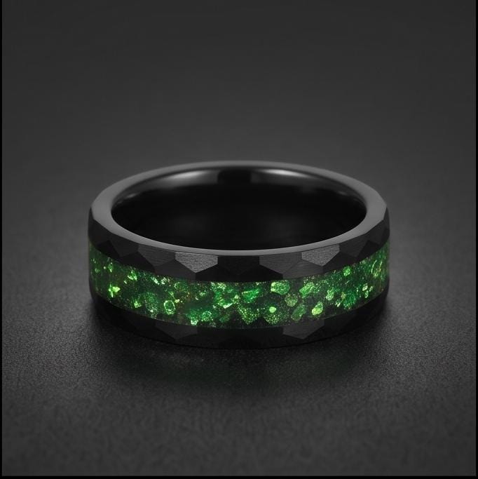 Emerald Ring, Hammered Black Tungsten Ring, Mens Wedding Band, Womens Wedding Ring, Anniversary Gift, Comfort Fit, 4mm, 8mm R