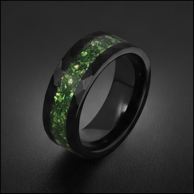 Emerald Ring, Hammered Black Tungsten Ring, Mens Wedding Band, Womens Wedding Ring, Anniversary Gift, Comfort Fit, 4mm, 8mm R