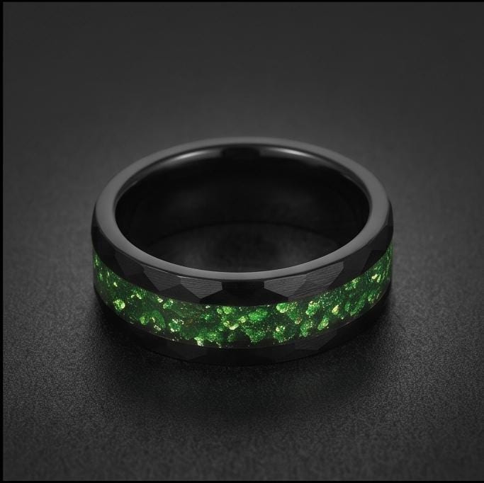 Emerald Ring, Hammered Black Tungsten Ring, Mens Wedding Band, Womens Wedding Ring, Anniversary Gift, Comfort Fit, 4mm, 8mm R