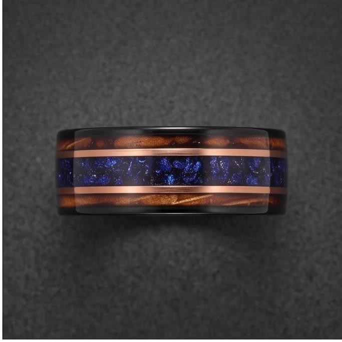 Sapphire Ring for Men with Charred Whiskey Barrel ~ Men Wedding Band ~ Sapphire Wood Inlay Jewelry ~ Men Wedding Ring ~ Sapph