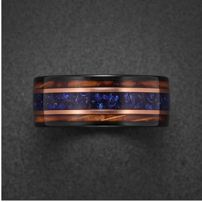 Sapphire Ring for Men with Charred Whiskey Barrel ~ Men Wedding Band ~ Sapphire Wood Inlay Jewelry ~ Men Wedding Ring ~ Sapph