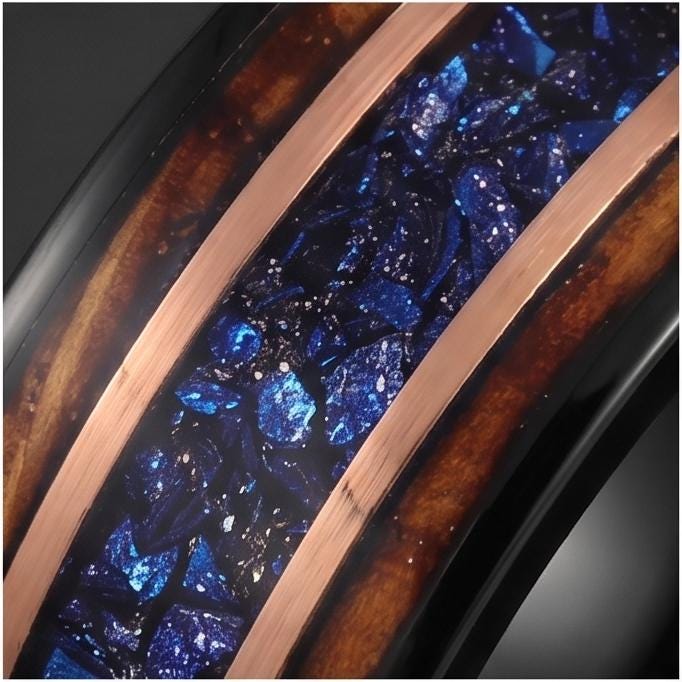 Sapphire Ring for Men with Charred Whiskey Barrel ~ Men Wedding Band ~ Sapphire Wood Inlay Jewelry ~ Men Wedding Ring ~ Sapph
