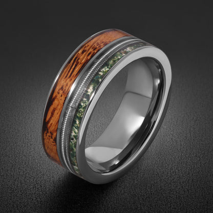 Men's Silver Tungsten Ring with Moss Agate | Whiskey Barrel Wood Guitar String Inlay ~ 8mm Wedding Band for Musician Gift