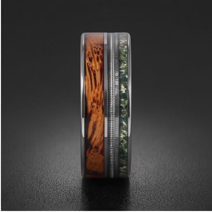 Men's Silver Tungsten Ring with Moss Agate | Whiskey Barrel Wood Guitar String Inlay ~ 8mm Wedding Band for Musician Gift