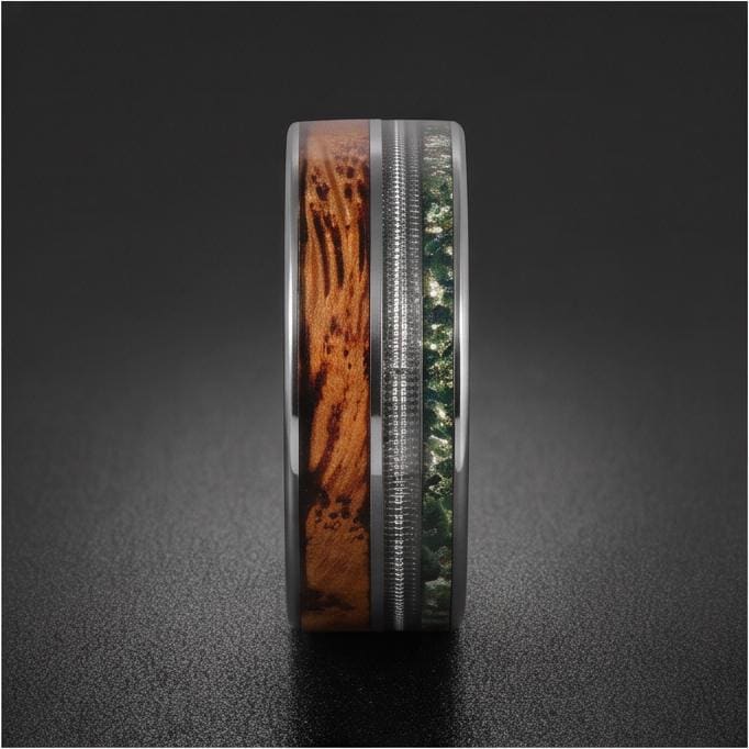 Men's Silver Tungsten Ring with Moss Agate | Whiskey Barrel Wood Guitar String Inlay ~ 8mm Wedding Band for Musician Gift
