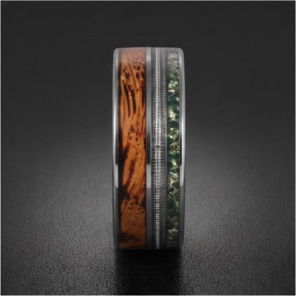 Men's Silver Tungsten Ring with Moss Agate | Whiskey Barrel Wood Guitar String Inlay ~ 8mm Wedding Band for Musician Gift