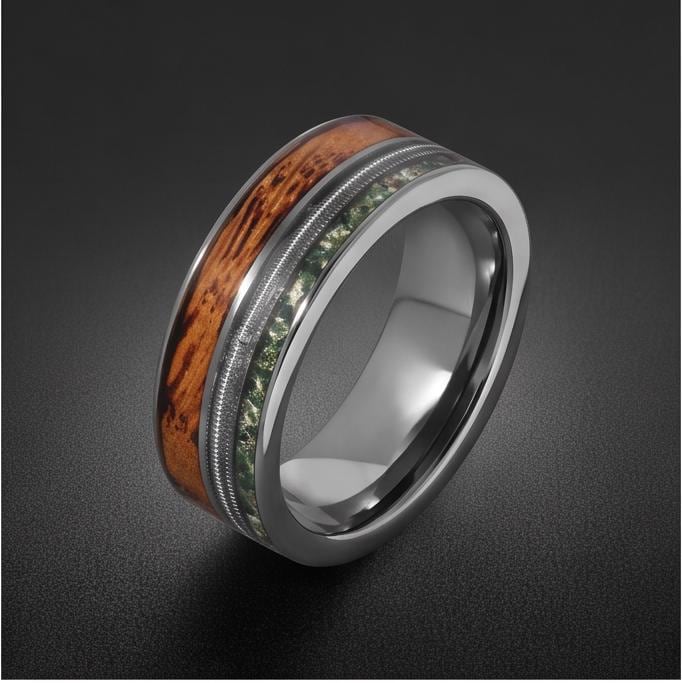 Men's Silver Tungsten Ring with Moss Agate | Whiskey Barrel Wood Guitar String Inlay ~ 8mm Wedding Band for Musician Gift