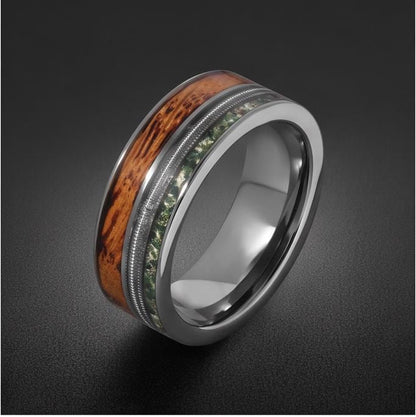 Men's Silver Tungsten Ring with Moss Agate | Whiskey Barrel Wood Guitar String Inlay ~ 8mm Wedding Band for Musician Gift