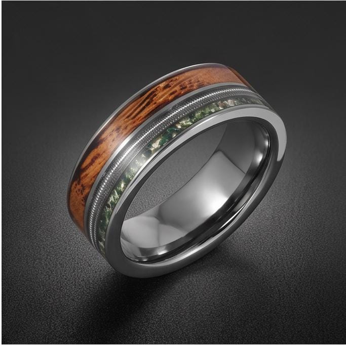 Men's Silver Tungsten Ring with Moss Agate | Whiskey Barrel Wood Guitar String Inlay ~ 8mm Wedding Band for Musician Gift