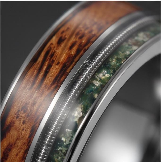 Men's Silver Tungsten Ring with Moss Agate | Whiskey Barrel Wood Guitar String Inlay ~ 8mm Wedding Band for Musician Gift