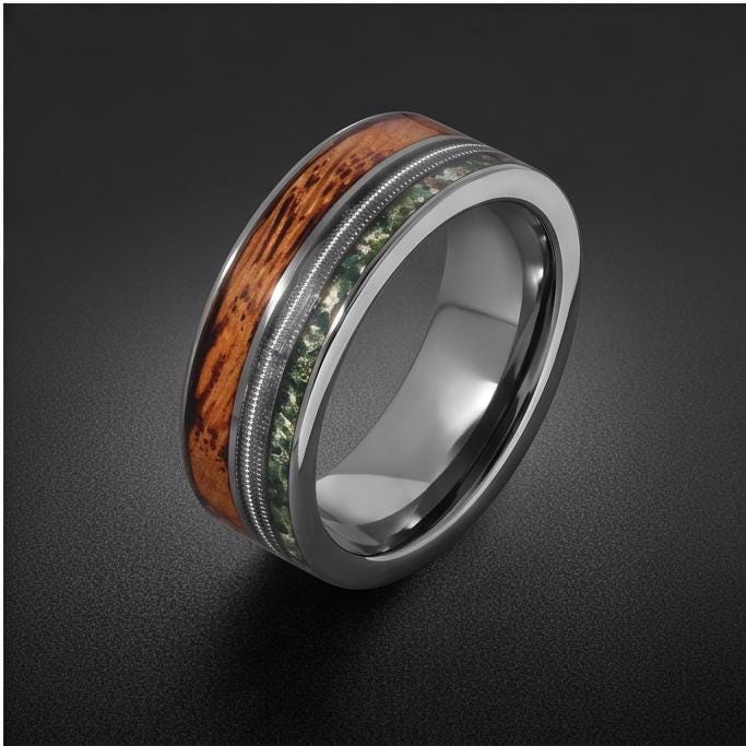 Men's Silver Tungsten Ring with Moss Agate | Whiskey Barrel Wood Guitar String Inlay ~ 8mm Wedding Band for Musician Gift