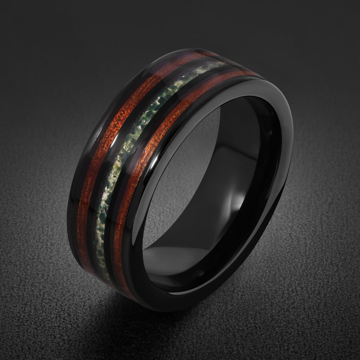 Men's Black Tungsten Ring with Moss Agate Koa Wood Inlay | 8mm Durable Men Wedding Band ~ Nature Inspired Gift for Him ~ 