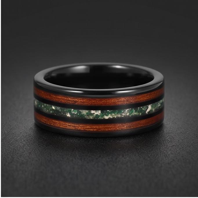 Men's Black Tungsten Ring with Moss Agate Koa Wood Inlay | 8mm Durable Men Wedding Band ~ Nature Inspired Gift for Him ~ 