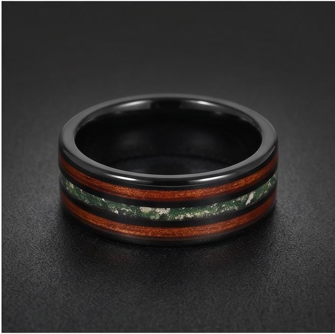 Men's Black Tungsten Ring with Moss Agate Koa Wood Inlay | 8mm Durable Men Wedding Band ~ Nature Inspired Gift for Him ~ 