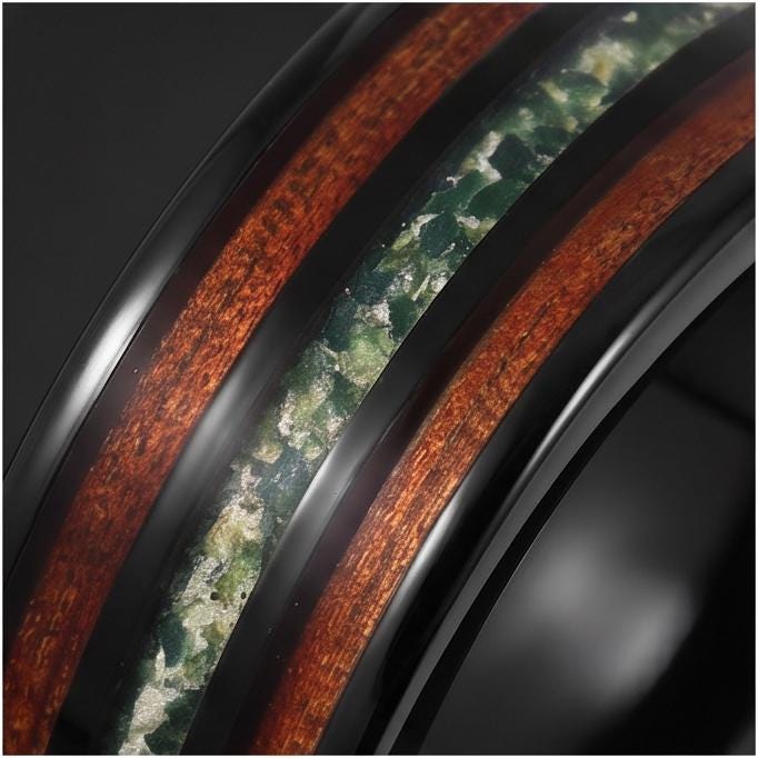 Men's Black Tungsten Ring with Moss Agate Koa Wood Inlay | 8mm Durable Men Wedding Band ~ Nature Inspired Gift for Him ~ 