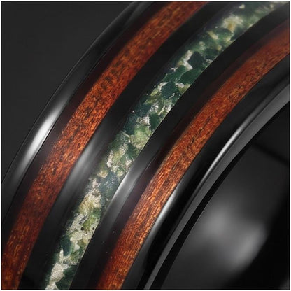 Men's Black Tungsten Ring with Moss Agate Koa Wood Inlay | 8mm Durable Men Wedding Band ~ Nature Inspired Gift for Him ~ 