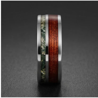 Men Silver Tungsten Carbide Ring with Moss Agate & Koa Wood ~ Anniversary Promise Gift for Him ~ Modern Burning Man Jewelry ~