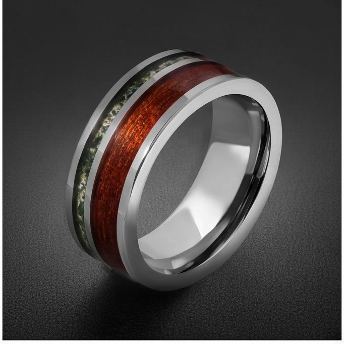Men Silver Tungsten Carbide Ring with Moss Agate & Koa Wood ~ Anniversary Promise Gift for Him ~ Modern Burning Man Jewelry ~