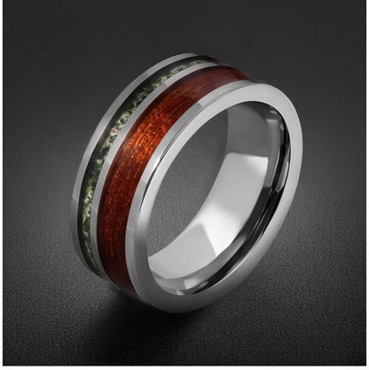 Men Silver Tungsten Carbide Ring with Moss Agate & Koa Wood ~ Anniversary Promise Gift for Him ~ Modern Burning Man Jewelry ~