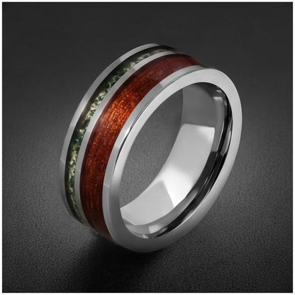 Men Silver Tungsten Carbide Ring with Moss Agate & Koa Wood ~ Anniversary Promise Gift for Him ~ Modern Burning Man Jewelry ~