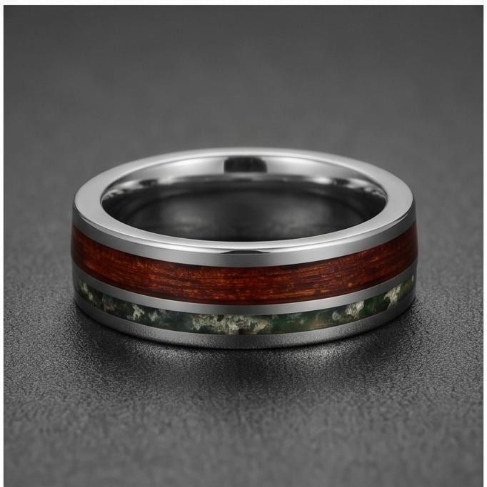 Men Silver Tungsten Carbide Ring with Moss Agate & Koa Wood ~ Anniversary Promise Gift for Him ~ Modern Burning Man Jewelry ~