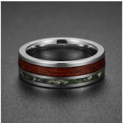 Men Silver Tungsten Carbide Ring with Moss Agate & Koa Wood ~ Anniversary Promise Gift for Him ~ Modern Burning Man Jewelry ~