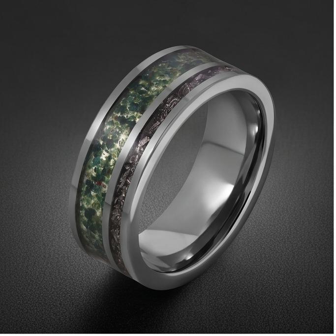 Moss Agate Ring with Meteorite, Meteorite Ring, Silver Tungsten Ring, Silver Wedding Ring, Mens Wedding Band, Mens Ring, Anni