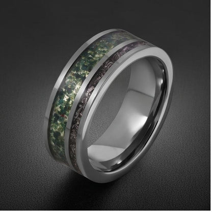 Moss Agate Ring with Meteorite, Meteorite Ring, Silver Tungsten Ring, Silver Wedding Ring, Mens Wedding Band, Mens Ring, Anni