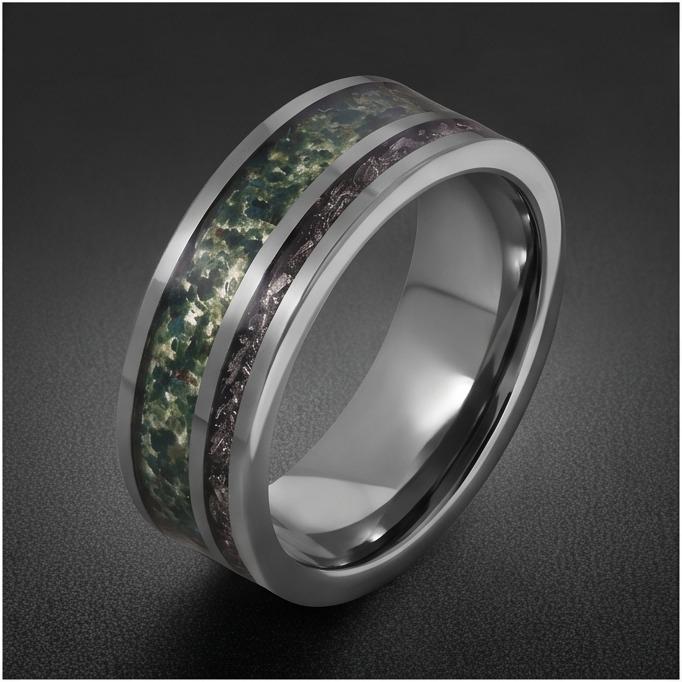 Moss Agate Ring with Meteorite, Meteorite Ring, Silver Tungsten Ring, Silver Wedding Ring, Mens Wedding Band, Mens Ring, Anni