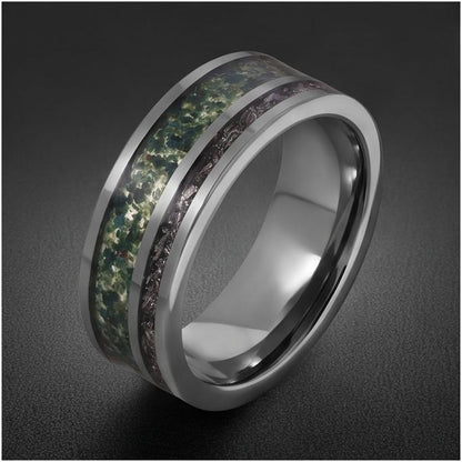 Moss Agate Ring with Meteorite, Meteorite Ring, Silver Tungsten Ring, Silver Wedding Ring, Mens Wedding Band, Mens Ring, Anni