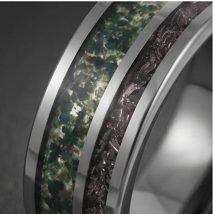 Moss Agate Ring with Meteorite, Meteorite Ring, Silver Tungsten Ring, Silver Wedding Ring, Mens Wedding Band, Mens Ring, Anni