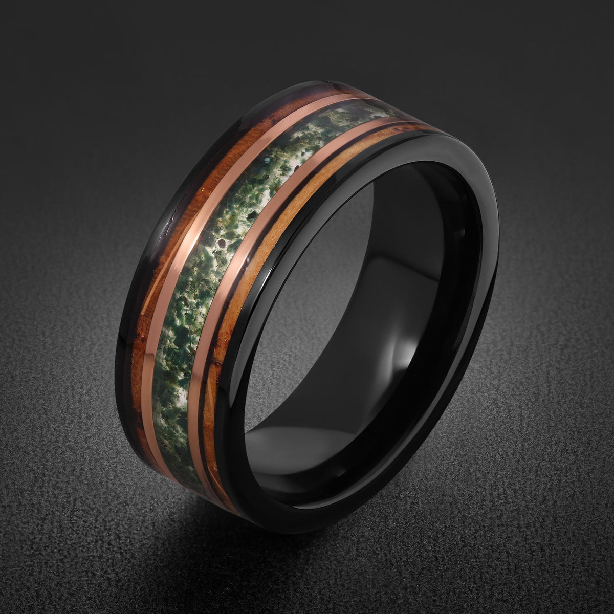 Moss Agate Ring, Charred Whiskey Barrel Ring, Black Tungsten Ring, Black Wedding Ring, Mens Wedding Band, Mens Ring, Annivers