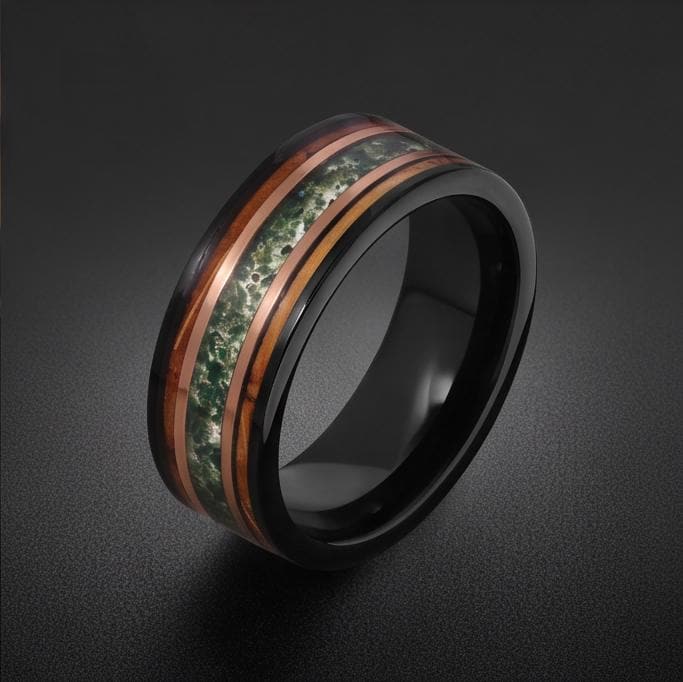 Moss Agate Ring, Charred Whiskey Barrel Ring, Black Tungsten Ring, Black Wedding Ring, Mens Wedding Band, Mens Ring, Annivers