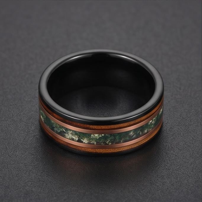 Moss Agate Ring, Charred Whiskey Barrel Ring, Black Tungsten Ring, Black Wedding Ring, Mens Wedding Band, Mens Ring, Annivers