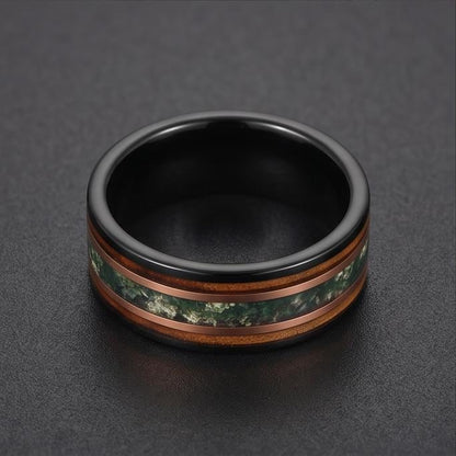 Moss Agate Ring, Charred Whiskey Barrel Ring, Black Tungsten Ring, Black Wedding Ring, Mens Wedding Band, Mens Ring, Annivers