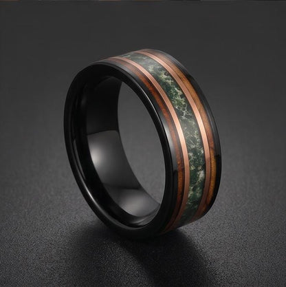 Moss Agate Ring, Charred Whiskey Barrel Ring, Black Tungsten Ring, Black Wedding Ring, Mens Wedding Band, Mens Ring, Annivers