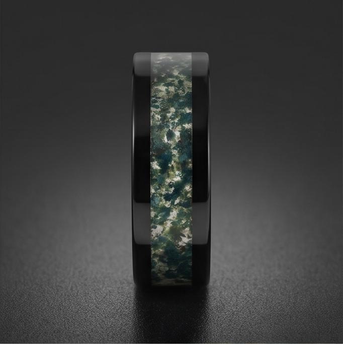 Moss Agate Ring, Black Tungsten Ring, Black Wedding Ring, Mens Wedding Band, Womens Ring, Anniversary Ring, Engagement Ring, 