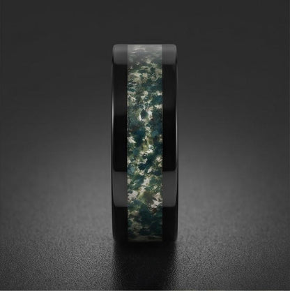 Moss Agate Ring, Black Tungsten Ring, Black Wedding Ring, Mens Wedding Band, Womens Ring, Anniversary Ring, Engagement Ring, 