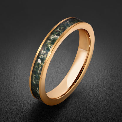 Moss Agate Gold Ring for Men ~ Nature Inspired Wedding Band ~ Green Moss Agate Ring - Unique Handcrafted Tungsten Jewelry Gif