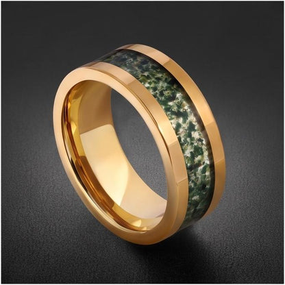 Moss Agate Ring, Gold Tungsten Ring, Gold Wedding Ring, Mens Wedding Band, Womens Ring, Anniversary Ring, Engagement Ring, 8m