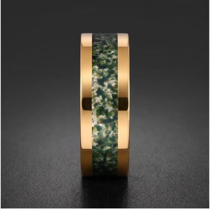 Moss Agate Gold Ring for Men ~ Nature Inspired Wedding Band ~ Green Moss Agate Ring - Unique Handcrafted Tungsten Jewelry Gif